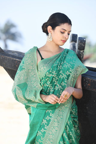 'Zaroka' Muted Teal Green Pure Resham Cotton Banarasi Handloom Saree