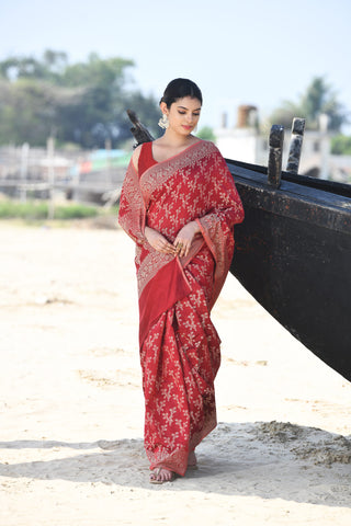 'Zaroka' Garnet Pure Resham Cotton Banarasi Handloom Saree