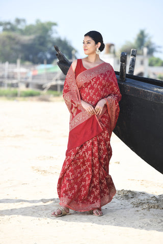 'Zaroka' Garnet Pure Resham Cotton Banarasi Handloom Saree
