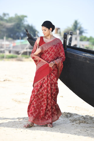 'Zaroka' Garnet Pure Resham Cotton Banarasi Handloom Saree