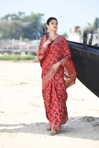 'Zaroka' Garnet Pure Resham Cotton Banarasi Handloom Saree
