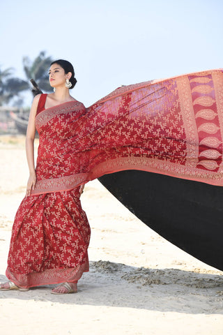 'Zaroka' Garnet Pure Resham Cotton Banarasi Handloom Saree