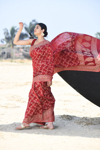 'Zaroka' Garnet Pure Resham Cotton Banarasi Handloom Saree
