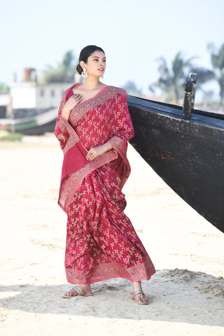 'Zaroka' Raspberry Pink Pure Resham Cotton Banarasi Handloom Saree