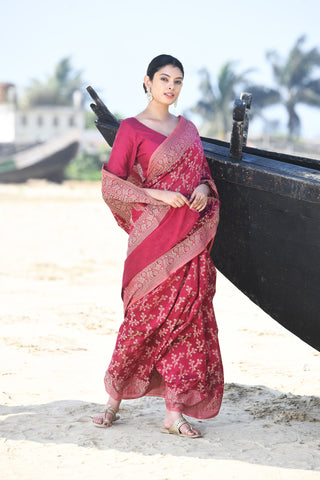 'Zaroka' Raspberry Pink Pure Resham Cotton Banarasi Handloom Saree
