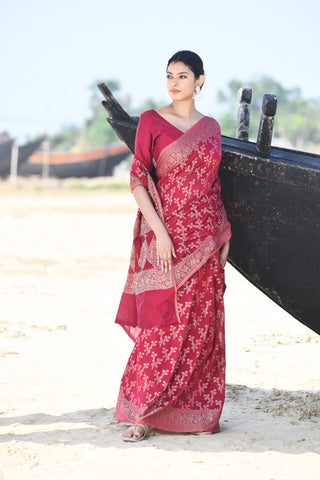 'Zaroka' Raspberry Pink Pure Resham Cotton Banarasi Handloom Saree
