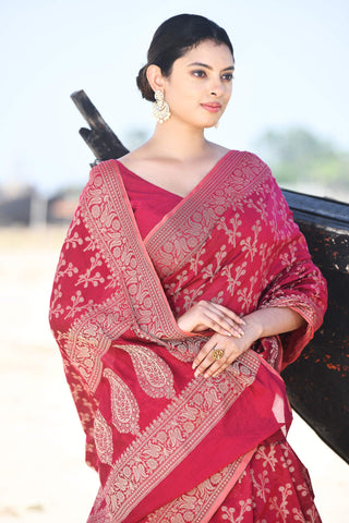 'Zaroka' Raspberry Pink Pure Resham Cotton Banarasi Handloom Saree