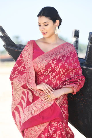 'Zaroka' Raspberry Pink Pure Resham Cotton Banarasi Handloom Saree