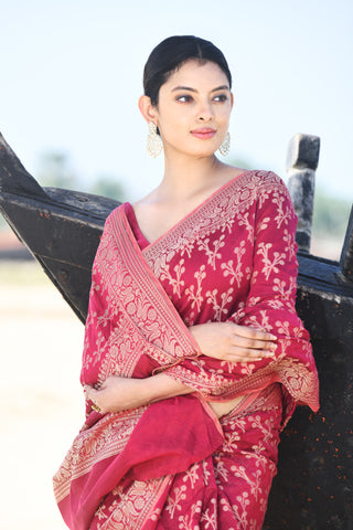 'Zaroka' Raspberry Pink Pure Resham Cotton Banarasi Handloom Saree