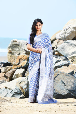 'Jash-e-Jal' Periwinkle Grey Pure Resham Cotton Silk Banarasi Handloom Saree