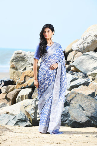 'Jash-e-Jal' Periwinkle Grey Pure Resham Cotton Silk Banarasi Handloom Saree