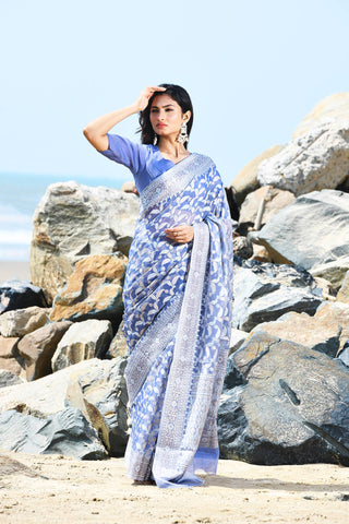 'Jash-e-Jal' Periwinkle Grey Pure Resham Cotton Silk Banarasi Handloom Saree