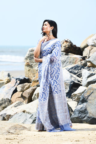 'Jash-e-Jal' Periwinkle Grey Pure Resham Cotton Silk Banarasi Handloom Saree