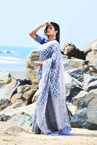 'Jash-e-Jal' Periwinkle Grey Pure Resham Cotton Silk Banarasi Handloom Saree