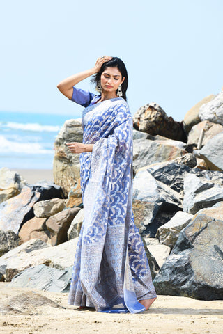 'Jash-e-Jal' Periwinkle Grey Pure Resham Cotton Silk Banarasi Handloom Saree