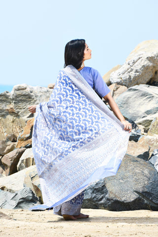 'Jash-e-Jal' Periwinkle Grey Pure Resham Cotton Silk Banarasi Handloom Saree