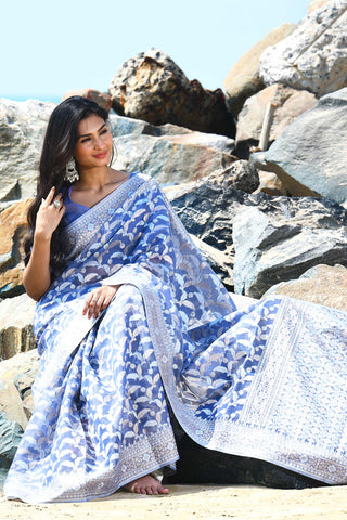 'Jash-e-Jal' Periwinkle Grey Pure Resham Cotton Silk Banarasi Handloom Saree