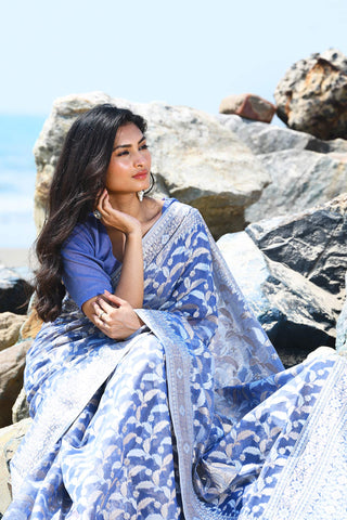 'Jash-e-Jal' Periwinkle Grey Pure Resham Cotton Silk Banarasi Handloom Saree