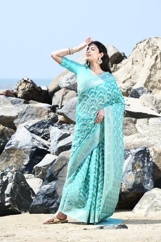 'Jash-e-Jal' Turquoise Sea Green Pure Resham Cotton Silk Banarasi Handloom Saree