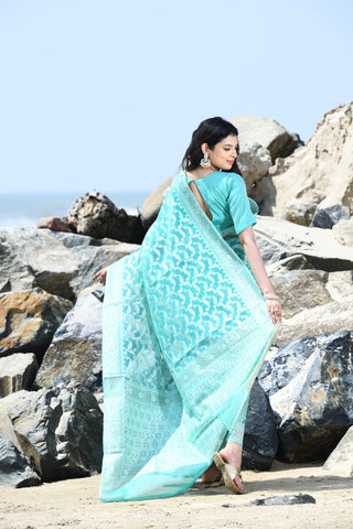 'Jash-e-Jal' Turquoise Sea Green Pure Resham Cotton Silk Banarasi Handloom Saree