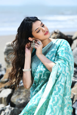 'Jash-e-Jal' Turquoise Sea Green Pure Resham Cotton Silk Banarasi Handloom Saree