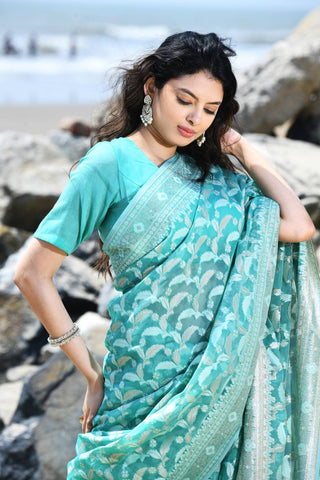 'Jash-e-Jal' Turquoise Sea Green Pure Resham Cotton Silk Banarasi Handloom Saree