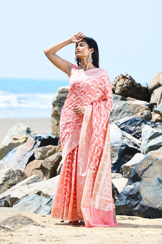 Jash-e-Jal' Pastel Coral Peach Pure Resham Cotton Silk Banarasi Handloom Saree