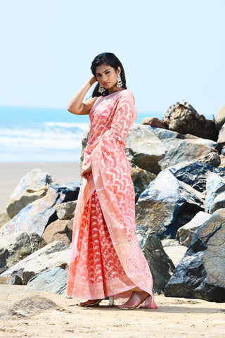 Jash-e-Jal' Pastel Coral Peach Pure Resham Cotton Silk Banarasi Handloom Saree