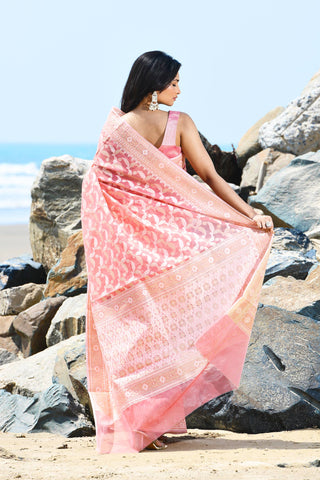 Jash-e-Jal' Pastel Coral Peach Pure Resham Cotton Silk Banarasi Handloom Saree