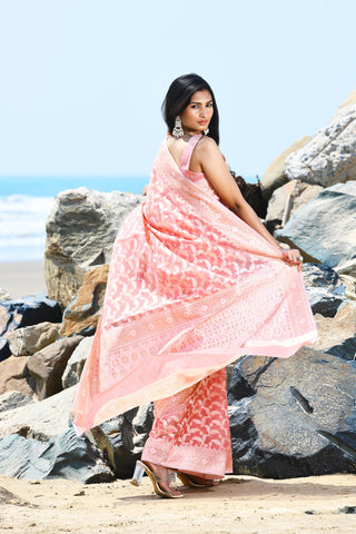 Jash-e-Jal' Pastel Coral Peach Pure Resham Cotton Silk Banarasi Handloom Saree