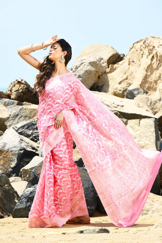Jash-e-Jal' Pastel Pink Pure Resham Cotton Silk Banarasi Handloom Saree