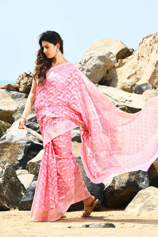 Jash-e-Jal' Pastel Pink Pure Resham Cotton Silk Banarasi Handloom Saree