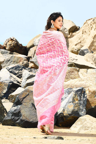 Jash-e-Jal' Pastel Pink Pure Resham Cotton Silk Banarasi Handloom Saree