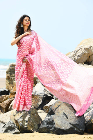 Jash-e-Jal' Pastel Pink Pure Resham Cotton Silk Banarasi Handloom Saree