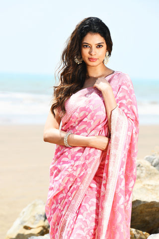 Jash-e-Jal' Pastel Pink Pure Resham Cotton Silk Banarasi Handloom Saree