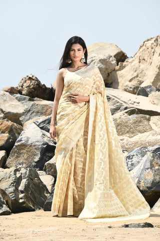 Jash-e-Jal' Tussar Beige Pure Resham Cotton Silk Banarasi Handloom Saree