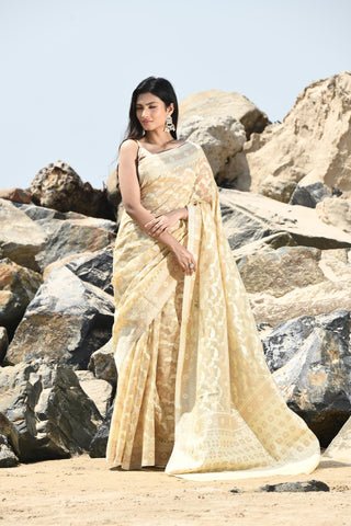 Jash-e-Jal' Tussar Beige Pure Resham Cotton Silk Banarasi Handloom Saree