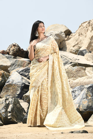 Jash-e-Jal' Tussar Beige Pure Resham Cotton Silk Banarasi Handloom Saree