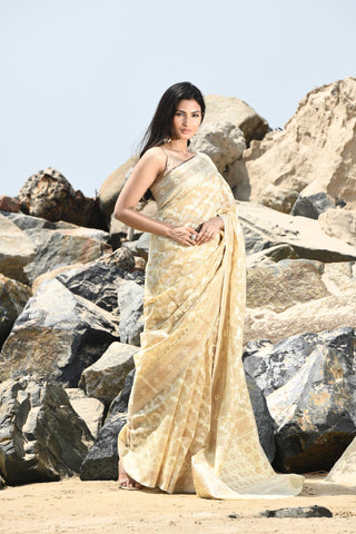 Jash-e-Jal' Tussar Beige Pure Resham Cotton Silk Banarasi Handloom Saree