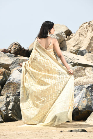 Jash-e-Jal' Tussar Beige Pure Resham Cotton Silk Banarasi Handloom Saree