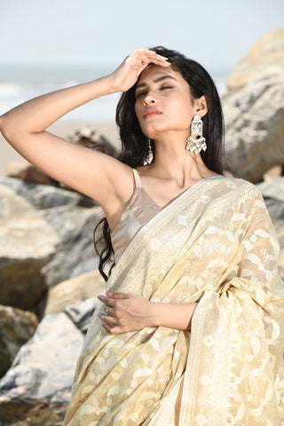 Jash-e-Jal' Tussar Beige Pure Resham Cotton Silk Banarasi Handloom Saree