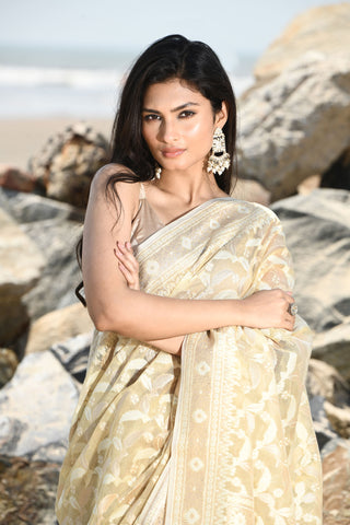 Jash-e-Jal' Tussar Beige Pure Resham Cotton Silk Banarasi Handloom Saree