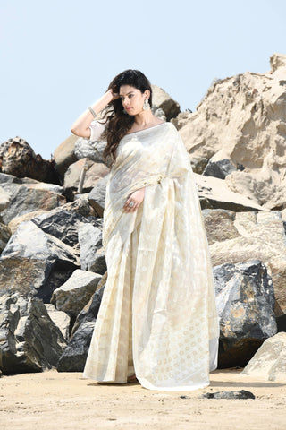 Jash-e-Jal' Ivory Beige Pure Resham Cotton Silk Banarasi Handloom Saree