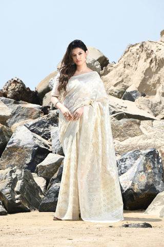 Jash-e-Jal' Ivory Beige Pure Resham Cotton Silk Banarasi Handloom Saree