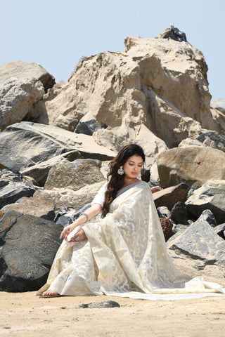 Jash-e-Jal' Ivory Beige Pure Resham Cotton Silk Banarasi Handloom Saree