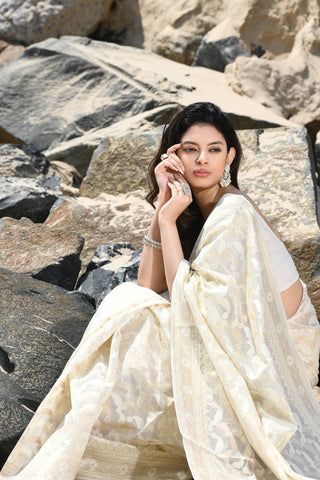 Jash-e-Jal' Ivory Beige Pure Resham Cotton Silk Banarasi Handloom Saree