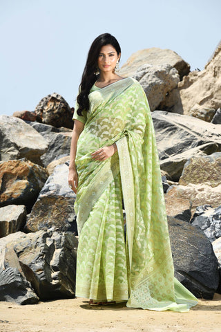 Jash-e-Jal' Pastel Pista Green Pure Resham Cotton Silk Banarasi Handloom Saree