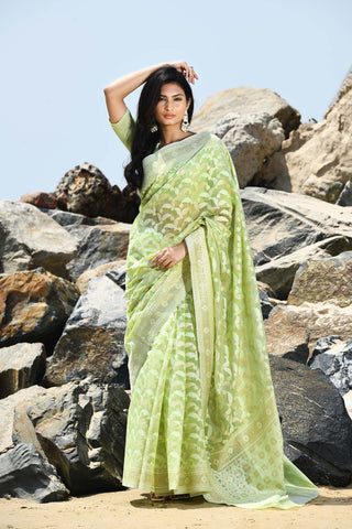 Jash-e-Jal' Pastel Pista Green Pure Resham Cotton Silk Banarasi Handloom Saree