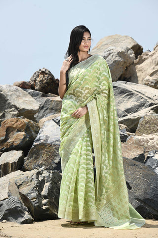 Jash-e-Jal' Pastel Pista Green Pure Resham Cotton Silk Banarasi Handloom Saree