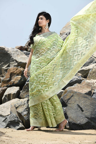 Jash-e-Jal' Pastel Pista Green Pure Resham Cotton Silk Banarasi Handloom Saree
